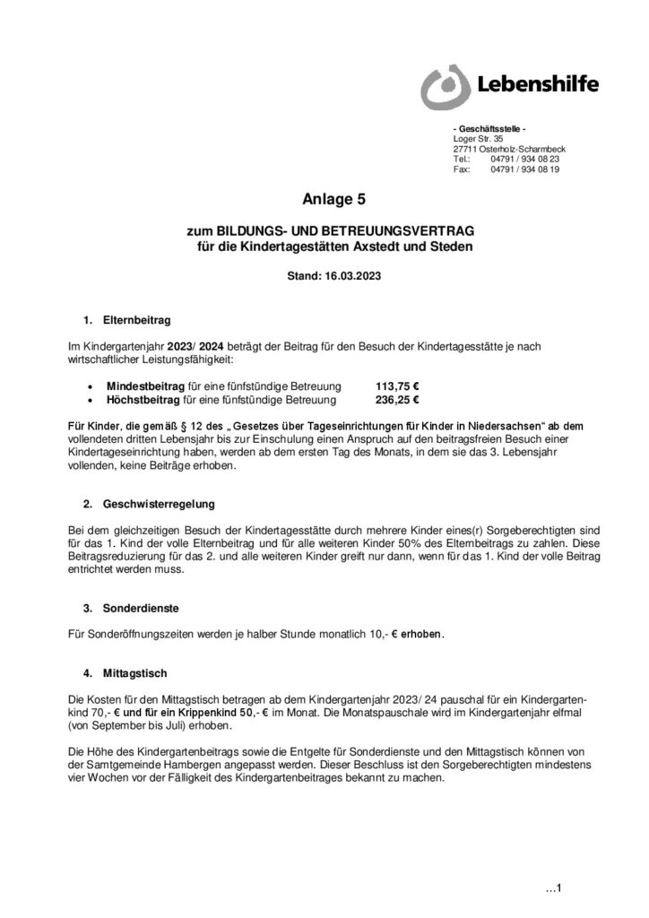 Vorschaubild für Samtgemeinde Hambergen Anlage 5 Satzung  und Gebührentabelle