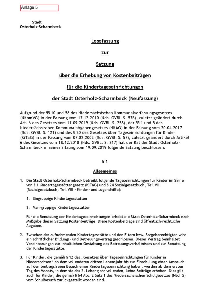 Vorschaubild für Stadt Osterholz-Scharmbeck Anlage 5 Satzung und  Gebührentabelle