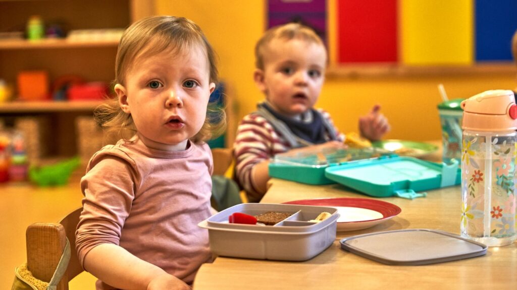 Zwei Kinder sitzen mit Brotdosen vor ihnen an einem Tisch